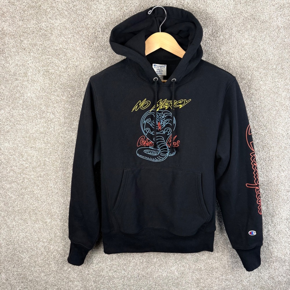 Champion Reverse Weave Cobra Kai No Mercy Hoodie Black Mens Small - Picture 2 of 6